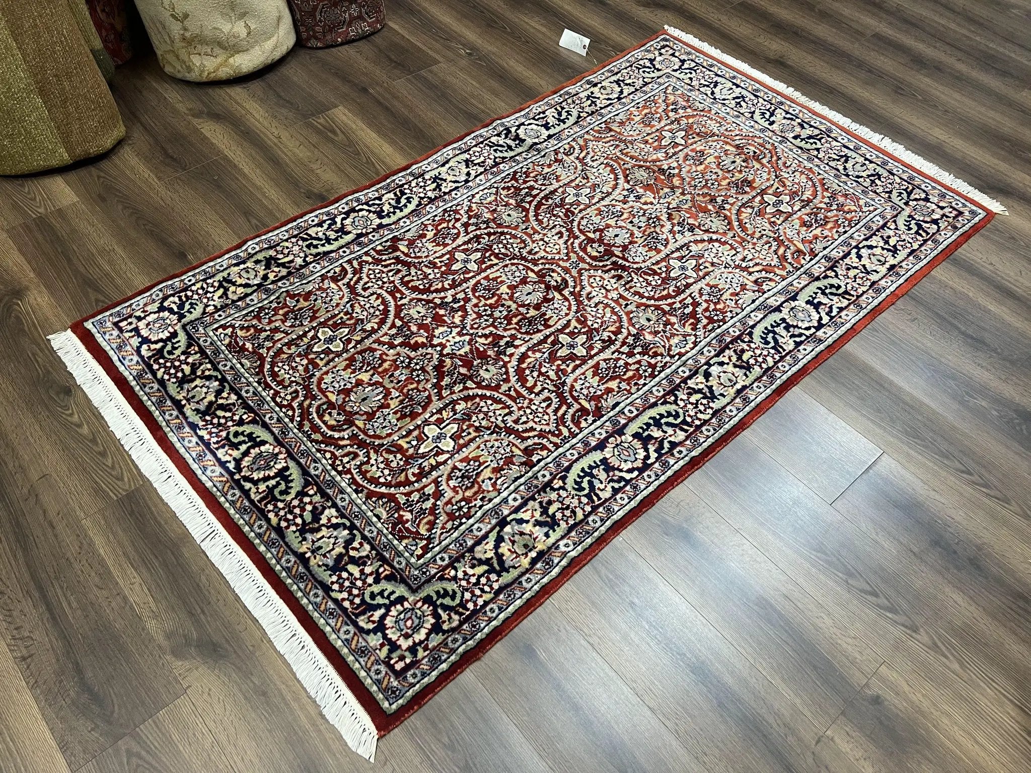 Indo Persian Rug 4x7, Allover Floral Oriental Carpet, Red and Navy Blue, Hand Knotted Indian Kashmiri Traditional Vintage Area Rug 4 x 7 ft by Jewel Rugs