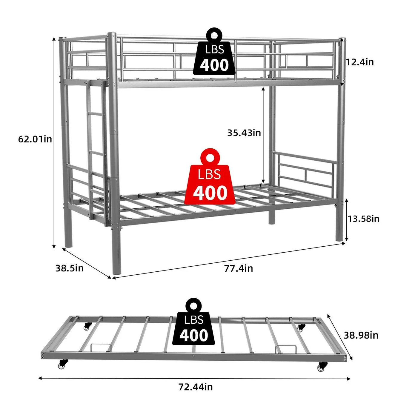 Bunk Bed For Kids, Convertible Frame With Ladders & Guardrail by HouseOfZazla