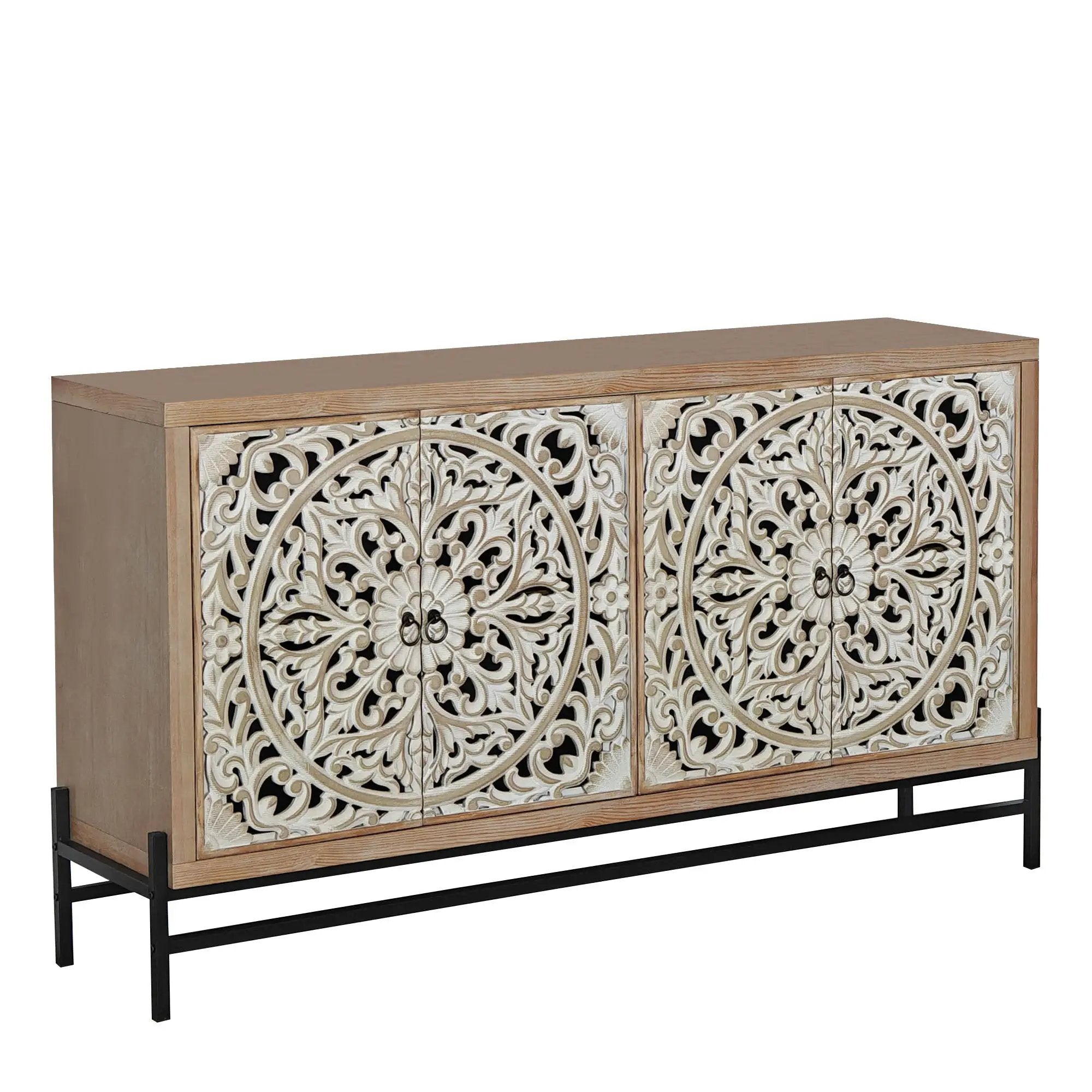 4 Door Wood Cabinet, Vintage Carved Wood with Metal Base by HouseOfZazla