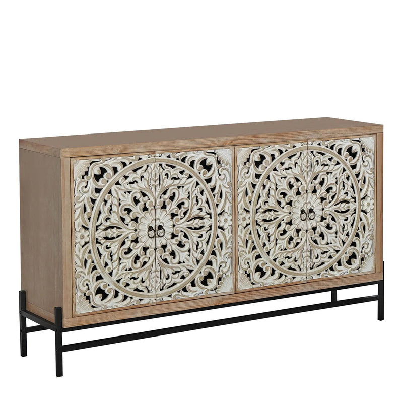 4 Door Wood Cabinet, Vintage Carved Wood with Metal Base by HouseOfZazla