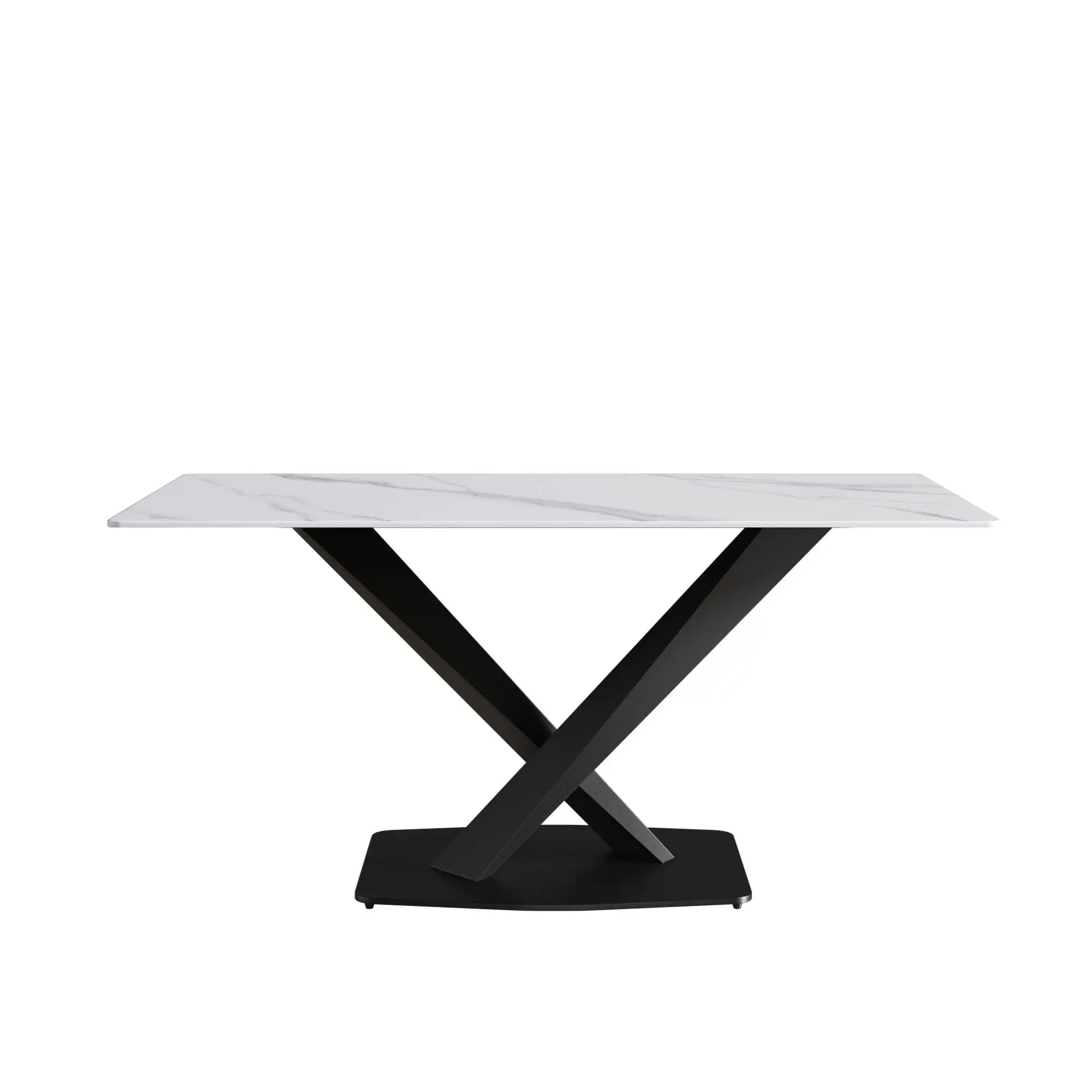 63" Modern Artificial Stone Straight Edge Metal X-Leg Dining Table, 6 People - White / Black by Unique Piece Furniture