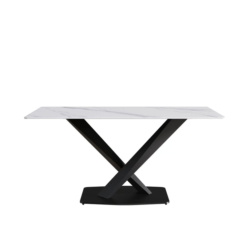 63" Modern Artificial Stone Straight Edge Metal X-Leg Dining Table, 6 People - White / Black by HouseOfZazla