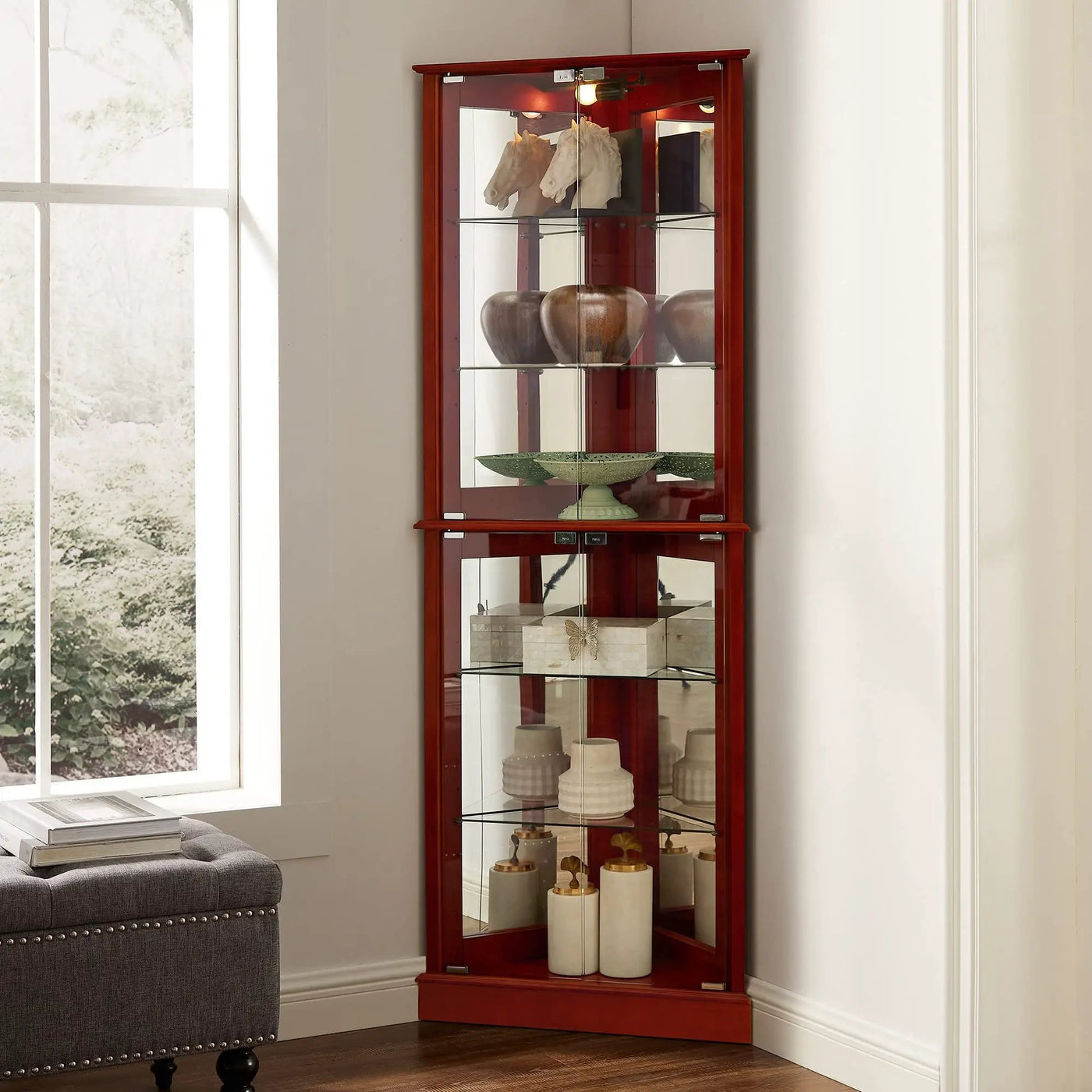 Corner Curio Dispaly Cabinet With Lights, Adjustable Tempered Glass Shelves, Mirrored Back (E26 Light Bulb Not Included) by HouseOfZazla