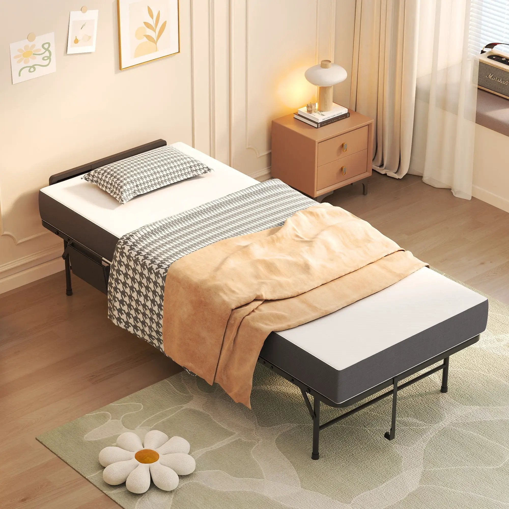 Twin Folding Bed With Adjustable Headboard & Memory Foam, Space Saving Rollaway Guest For Tall People, Portable On Wheels, Easy Assembly - Black by Unique Piece Furniture