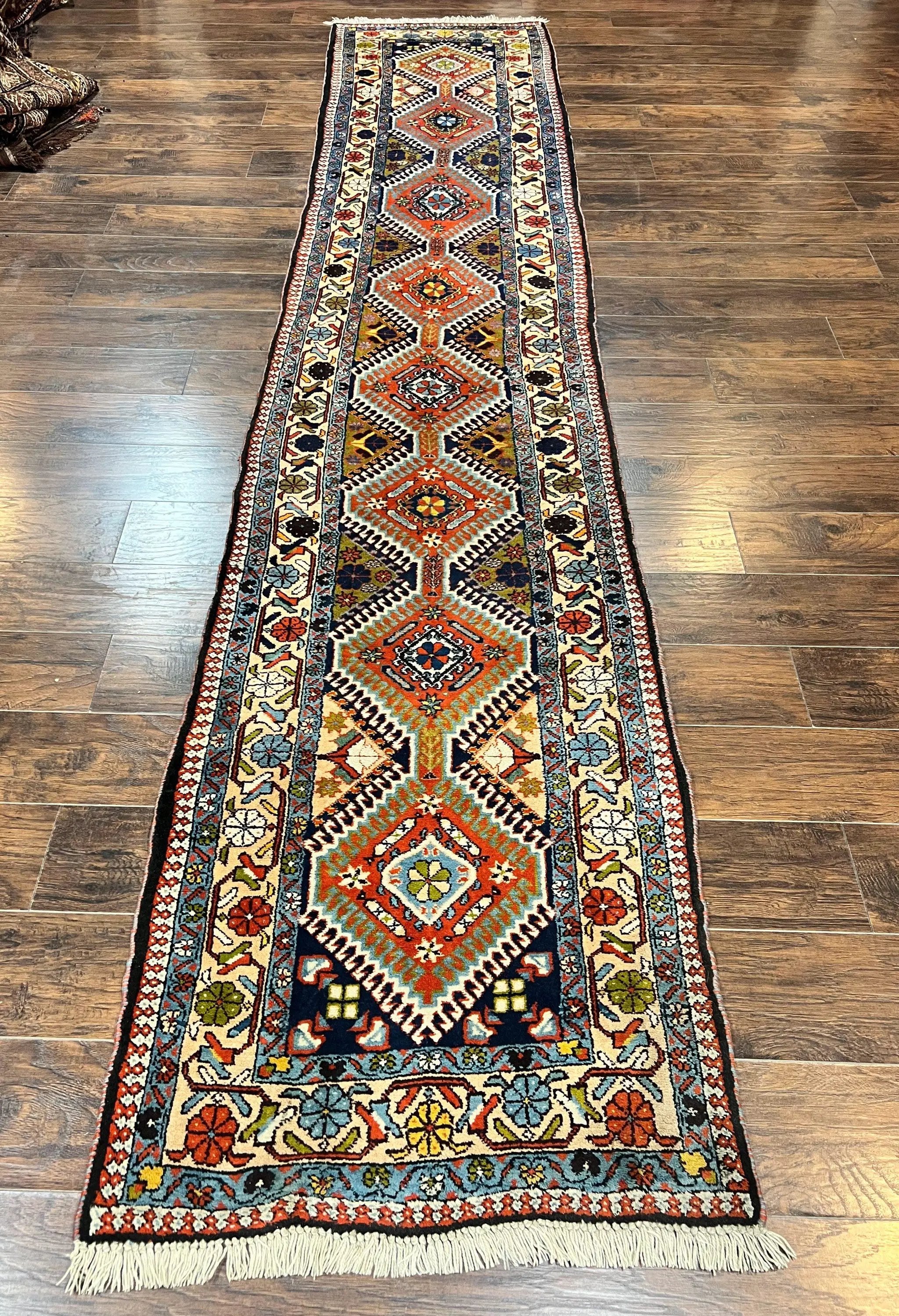Persian Tribal Runner Rug 2.9 x 14, Colorful Rare Antique Persian Shiraz Yalameh Geometric Carpet for Hallway, 14ft Runner, Handmade, Wool, Red by Jewel Rugs