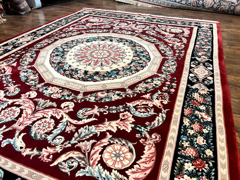 Chinese Aubusson Rug 9x12, Burgundy, Handmade Vintage Wool Carpet, Fine 210 KPSI, Elegant European Design by Jewel Rugs