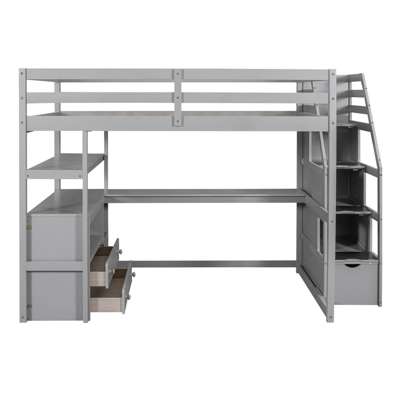 Loft Bed With Desk, Shelves, 2 Drawers, Storage Staircase