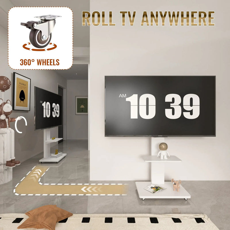 Mobile TV Stand With Shelf Floor Mount Cart For TVs With Lockable Wheels Ideal For Living Room Bedroom Or Office - White by HouseOfZazla