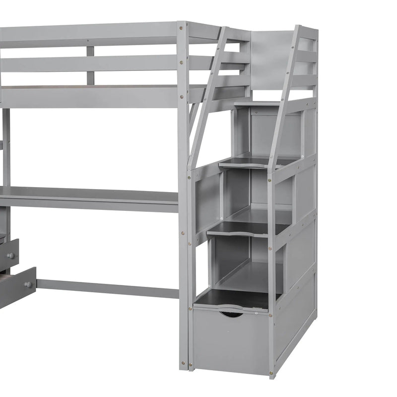 Loft Bed With Desk, Shelves, 2 Drawers, Storage Staircase