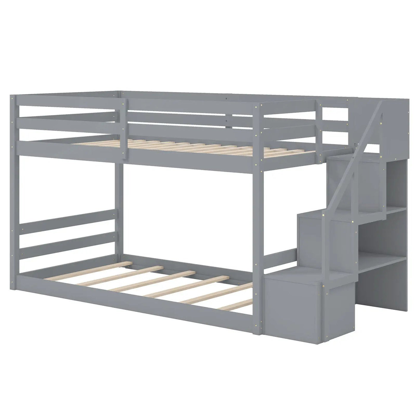 Twin Over Twin Low Bunk Bed with Storage Stairs Solid Wood Floor Bunk Bed Frame by DirectDeals