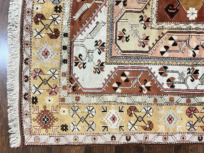 Turkish Rug 7x10, Wool Hand Knotted Vintage Carpet, Geometric Kazak Pattern by Jewel Rugs
