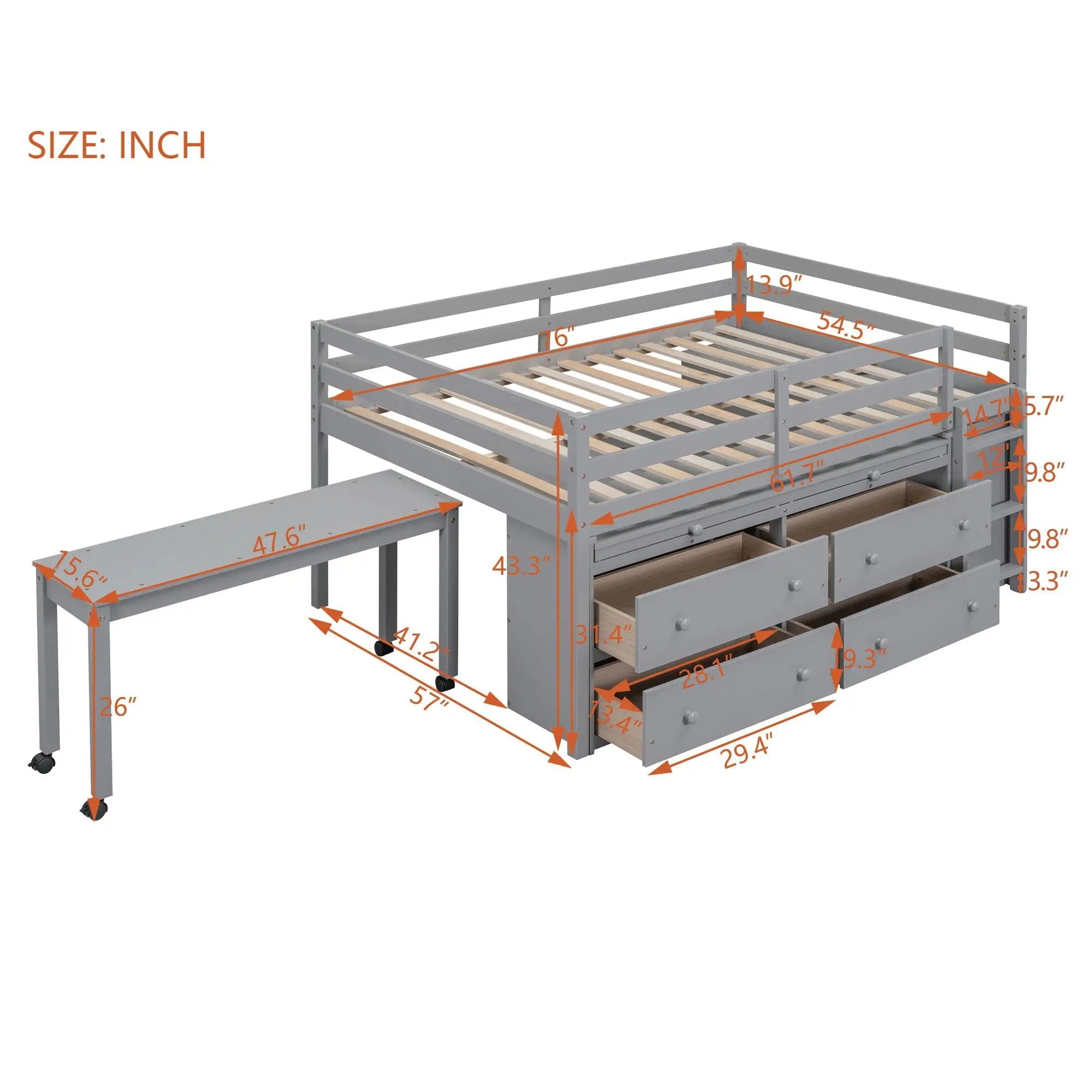 Loft Bed With Retractable Writing Desk And 4 Drawers, With Lateral Portable Desk And Shelves by HouseOfZazla