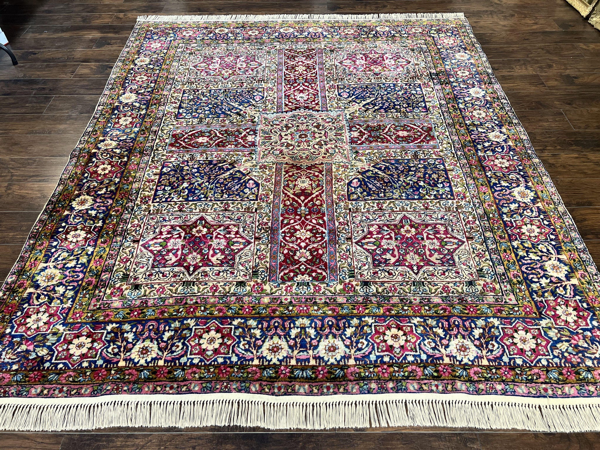 Persian Kirman Lavar Rug 8x9, Antique Persian Carpet, Colorful Multicolor 1920s Handmade Wool Rug, Garden Panel Design, Fine 200 KPSI by Jewel Rugs