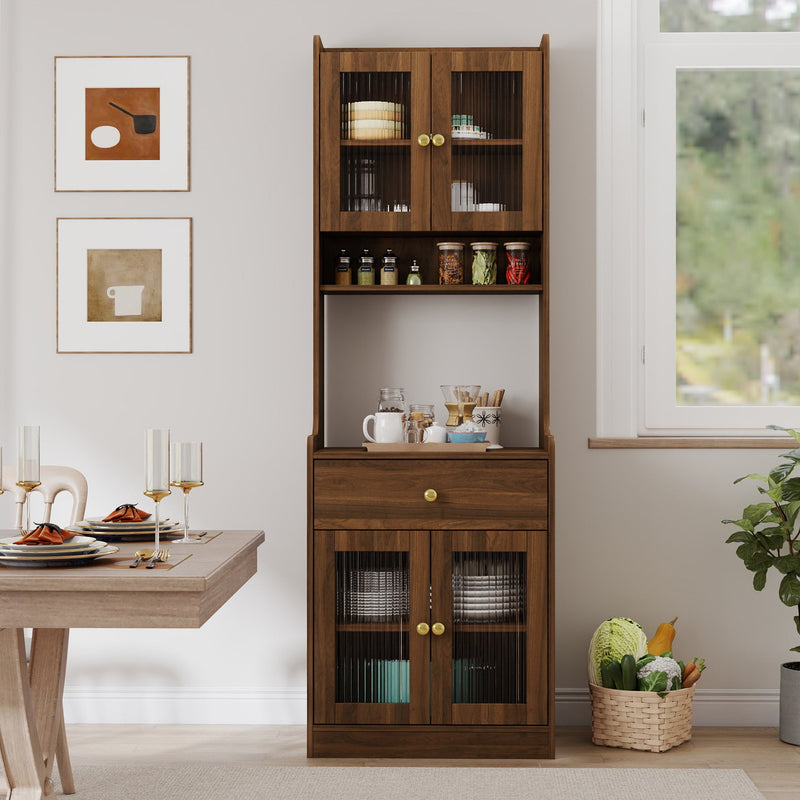 Farmhouse Kitchen Pantry Hutch Storage Cabinet with Microwave Stand - White