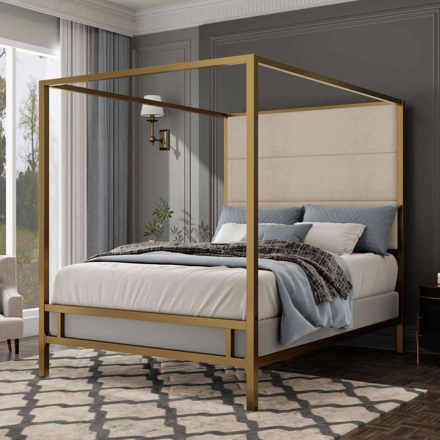Canopy Bed With Tall Upholstered Headboard, 4 Poster Frame by HouseOfZazla