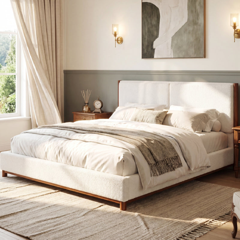 King Size Upholstered Bed Frame with Slat Support - White & Walnut, photo 3 of 10