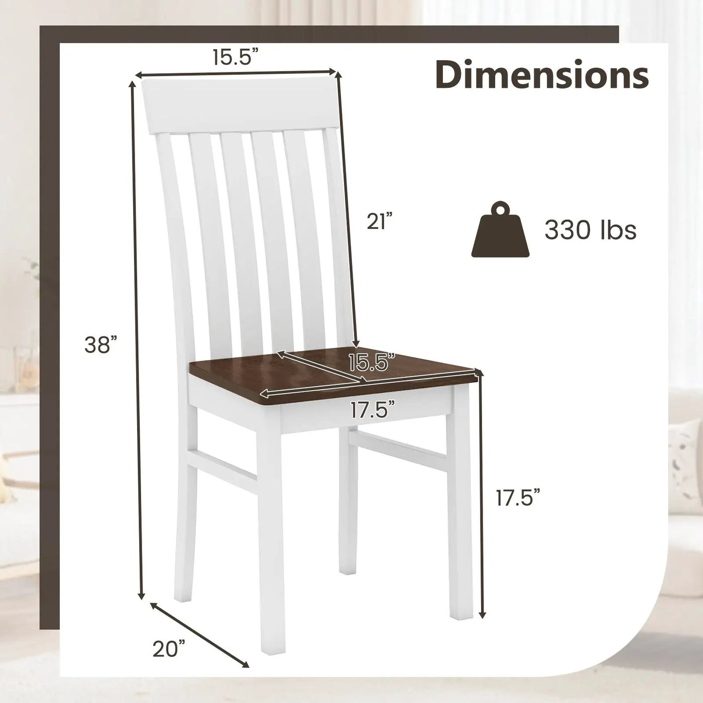 Set of 2 Kitchen Armless Dining Chairs with Slatted High Backrests-White by DirectDeals