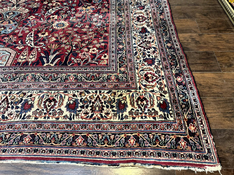 Antique Persian Mashad Rug 10x12, Red and Ivory, Signed by Master Weaver by Jewel Rugs