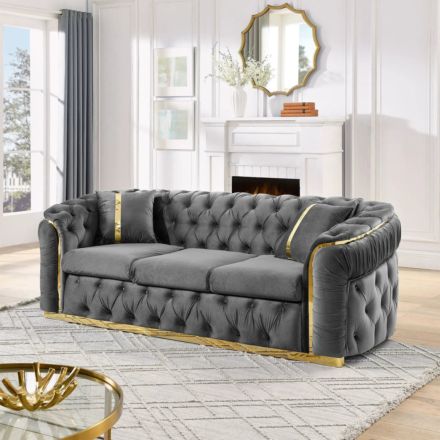 Button Tufted Couch With 2 Pillows, 3 Seater Luxury Chesterfield Sofa by Unique Piece Furniture