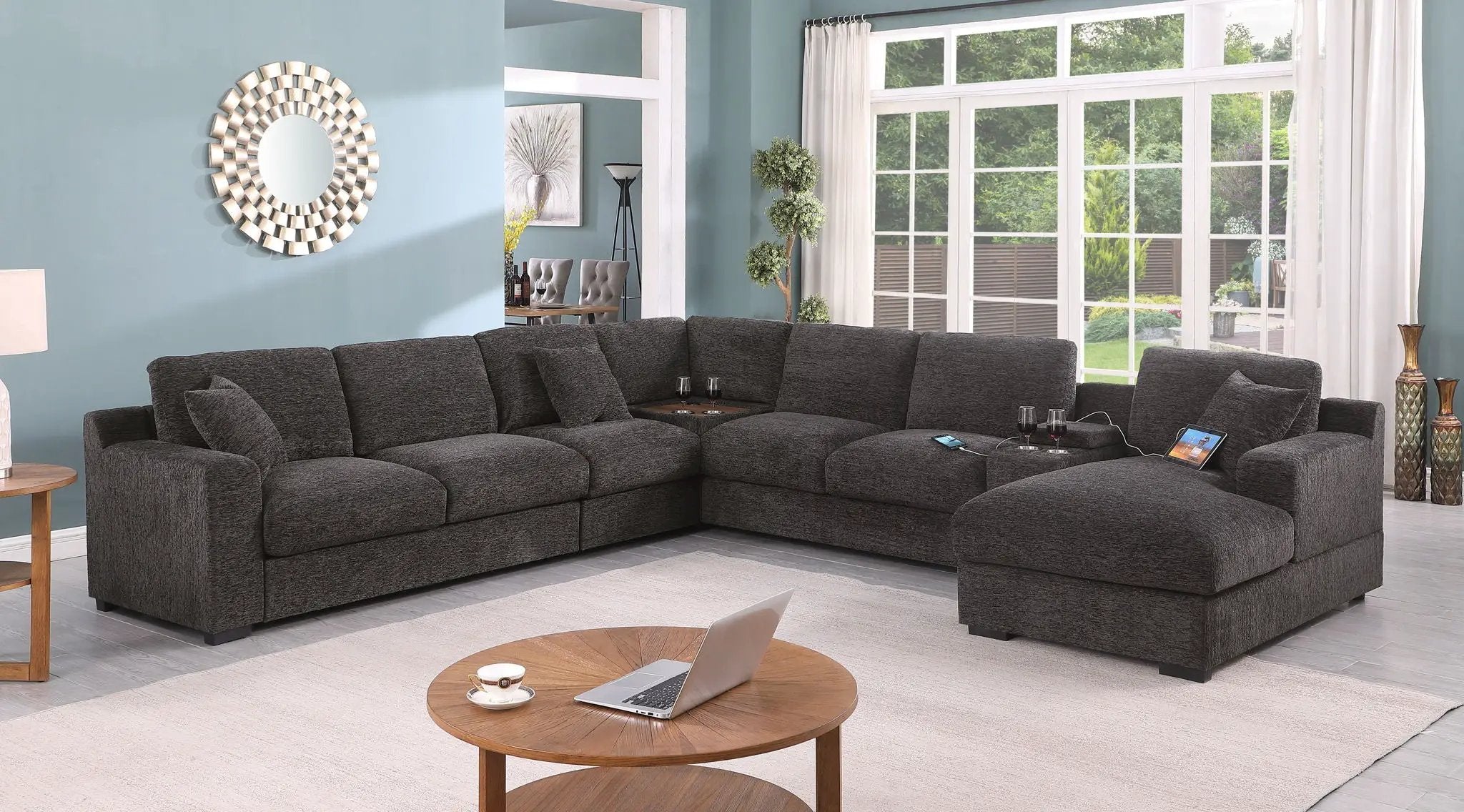 Celine - Corner Sectional Sofa With Right Facing Chaise, Cupholders, And Charging Ports - Gray by Unique Piece Furniture