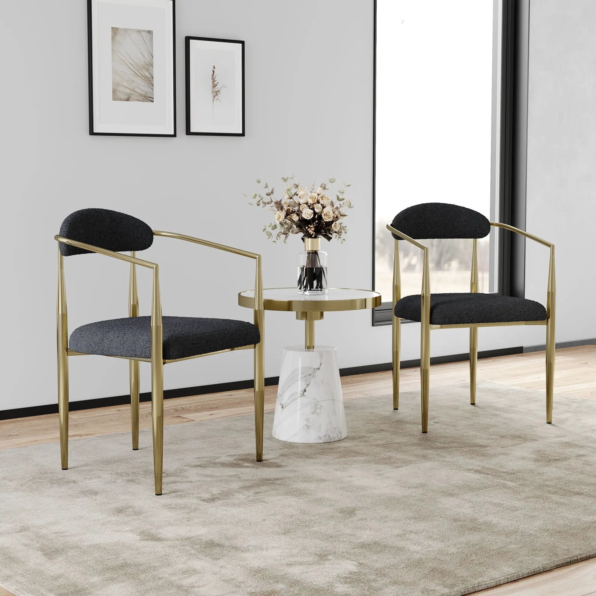 Dining Chairs (Set of 2), Mid-Century Modern Dining Chairs, Kitchen Dining Room Chairs, Round Boucle Backrest Sherpa Dining Chair With Metal Legs by HouseOfZazla