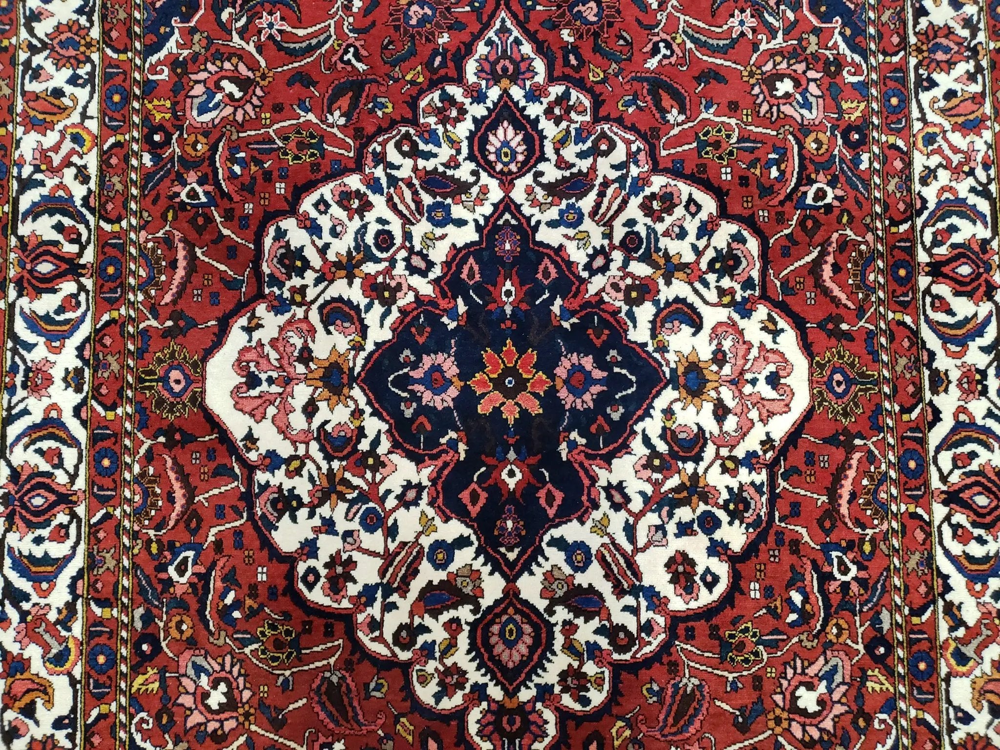 Semi Antique Persian Bakhtiari Rug, Hand-Knotted, Wool, Red, Midnight Blue, Ivory, Floral Medallion, 5'1" x 8' 6" by Jewel Rugs