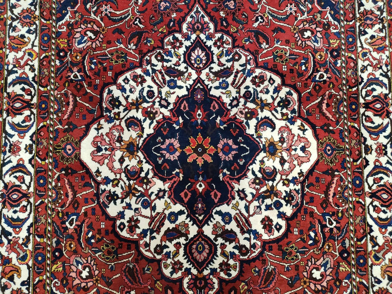 Semi Antique Persian Bakhtiari Rug, Hand-Knotted, Wool, Red, Midnight Blue, Ivory, Floral Medallion, 5'1" x 8' 6" by Jewel Rugs