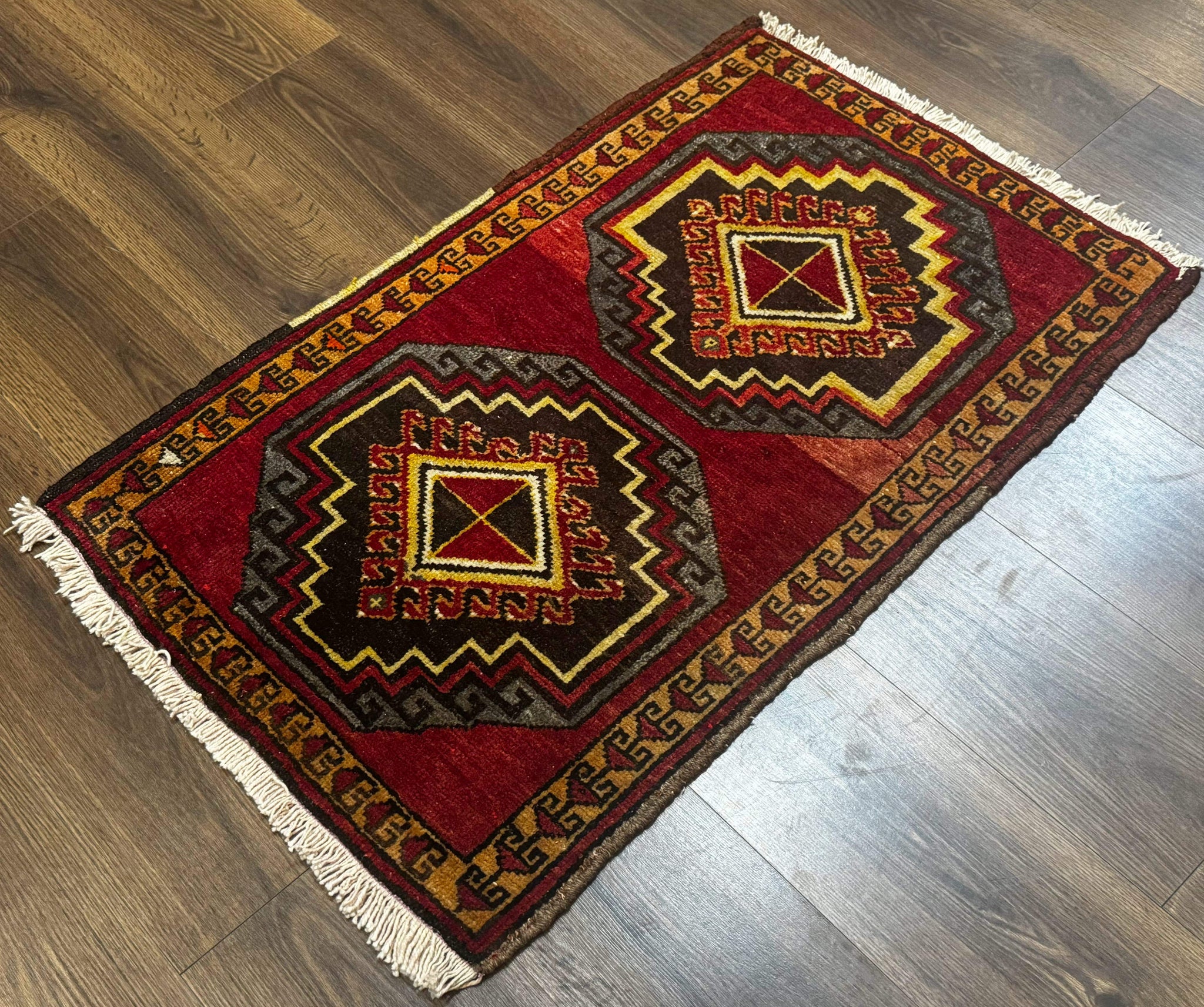 Small Antique Turkish Yastik Rug 2x3, Double Medallions, Geometric, Red, Wool by Jewel Rugs