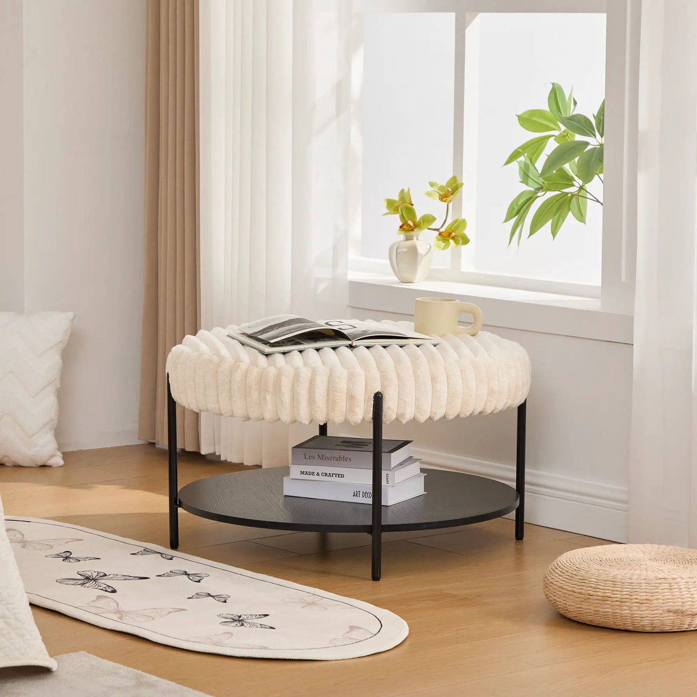 Modern Upholstered Round Ottoman Coffee Table With Storage Shelf by HouseOfZazla