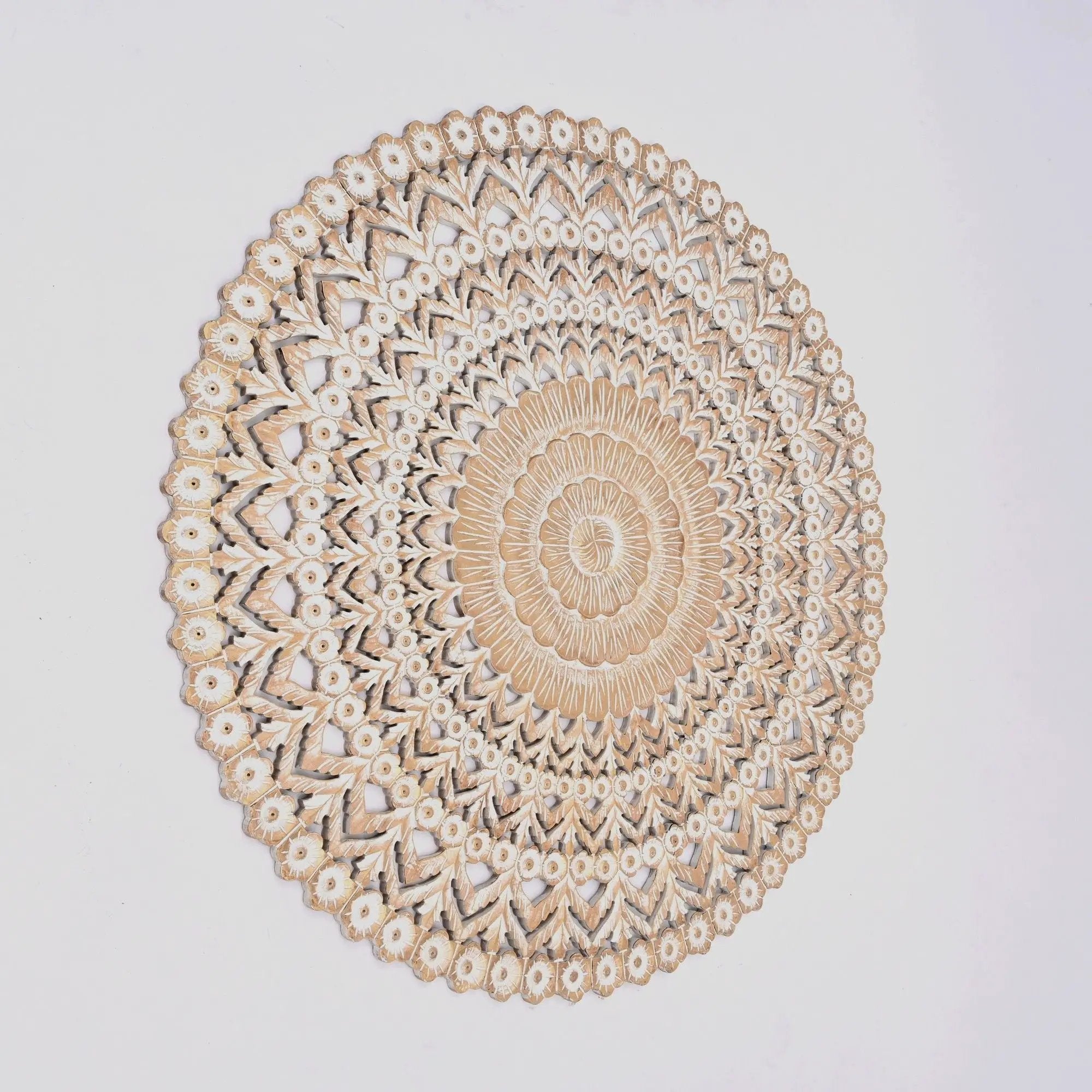 Floral Hand Carved Mandala Round Wall Decor - Brown / Antique White by HouseOfZazla