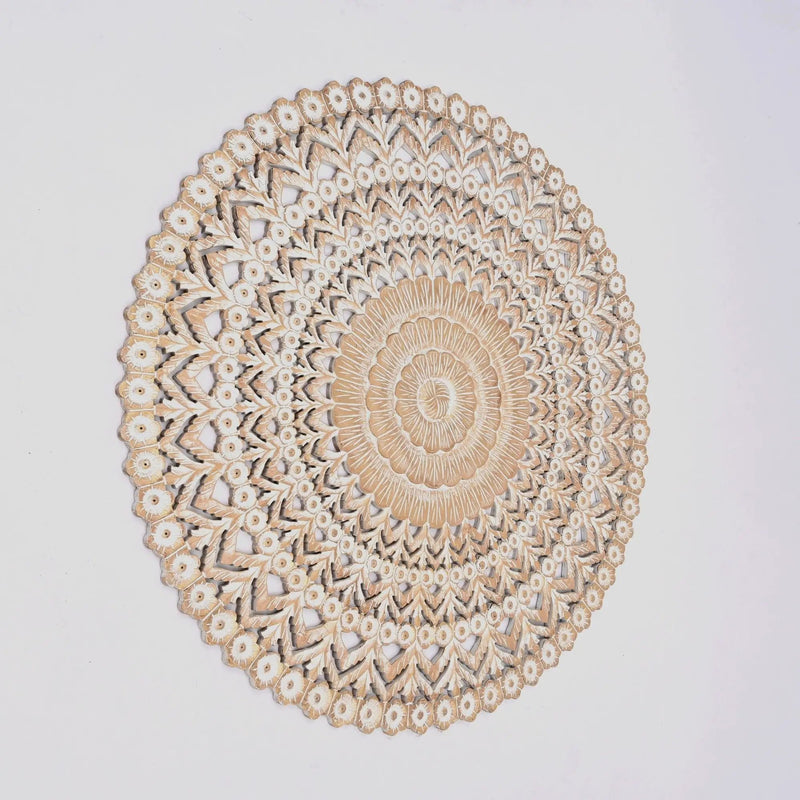 Floral Hand Carved Mandala Round Wall Decor - Brown / Antique White by HouseOfZazla