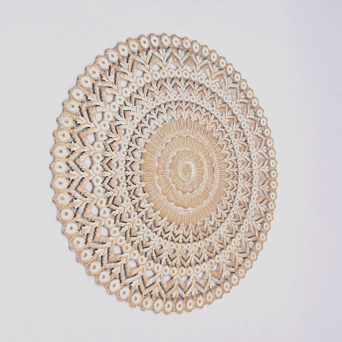 Floral Hand Carved Mandala Round Wall Decor with Intricate Carving - Brown / Antique White, photo 3 of 5