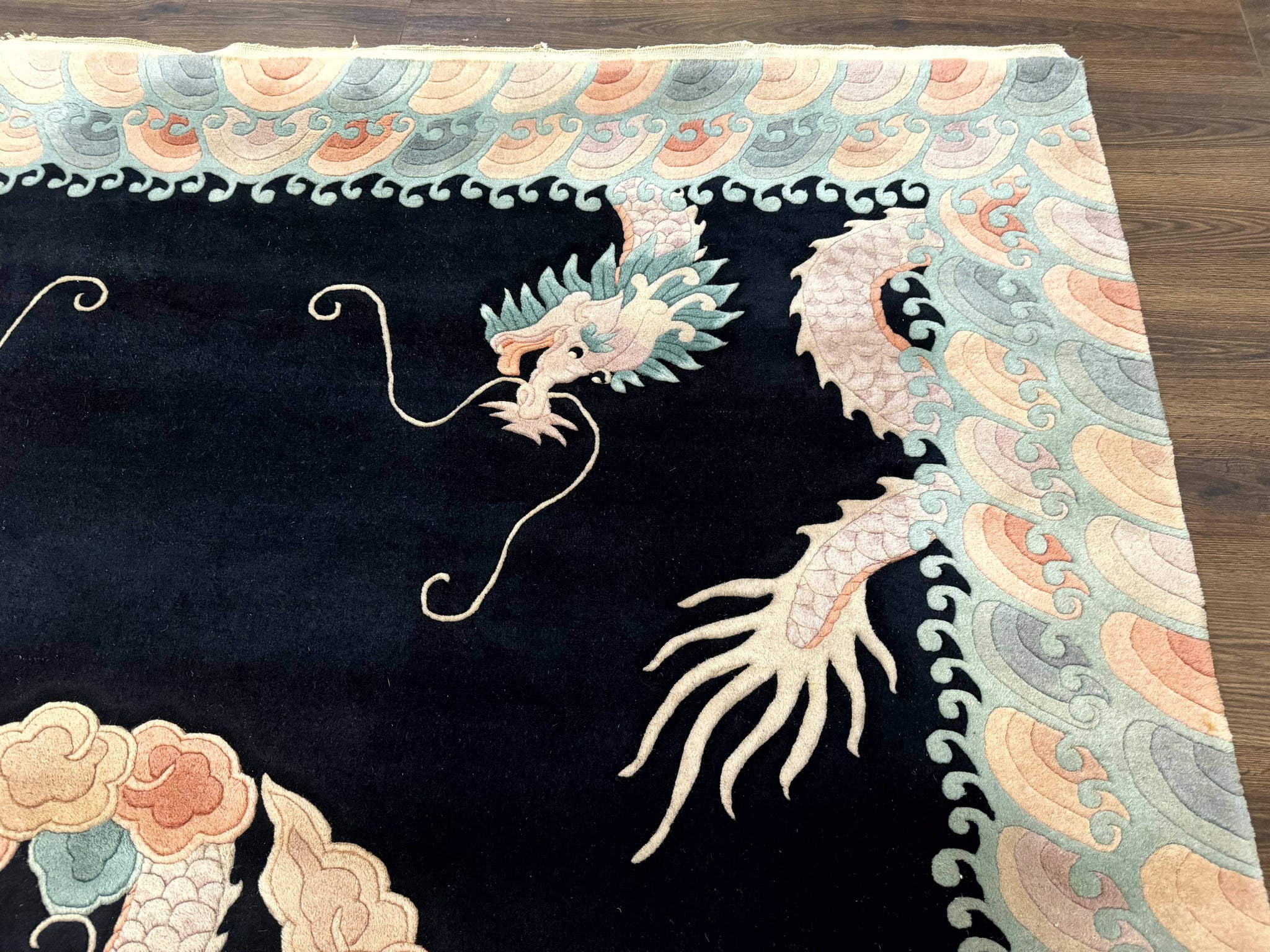 Black Chinese Wool Rug 8x10 with Dragons, Rainbow Borders, Rare by Jewel Rugs