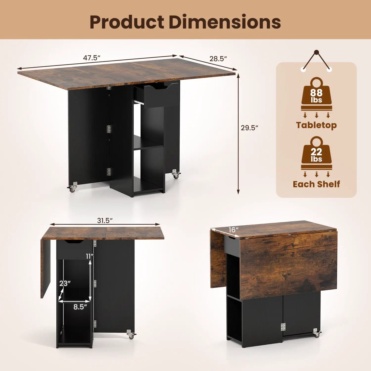 47.5 Inch Farmhouse Extendable Wooden Dinner Table with Lockable Wheels by DirectDeals
