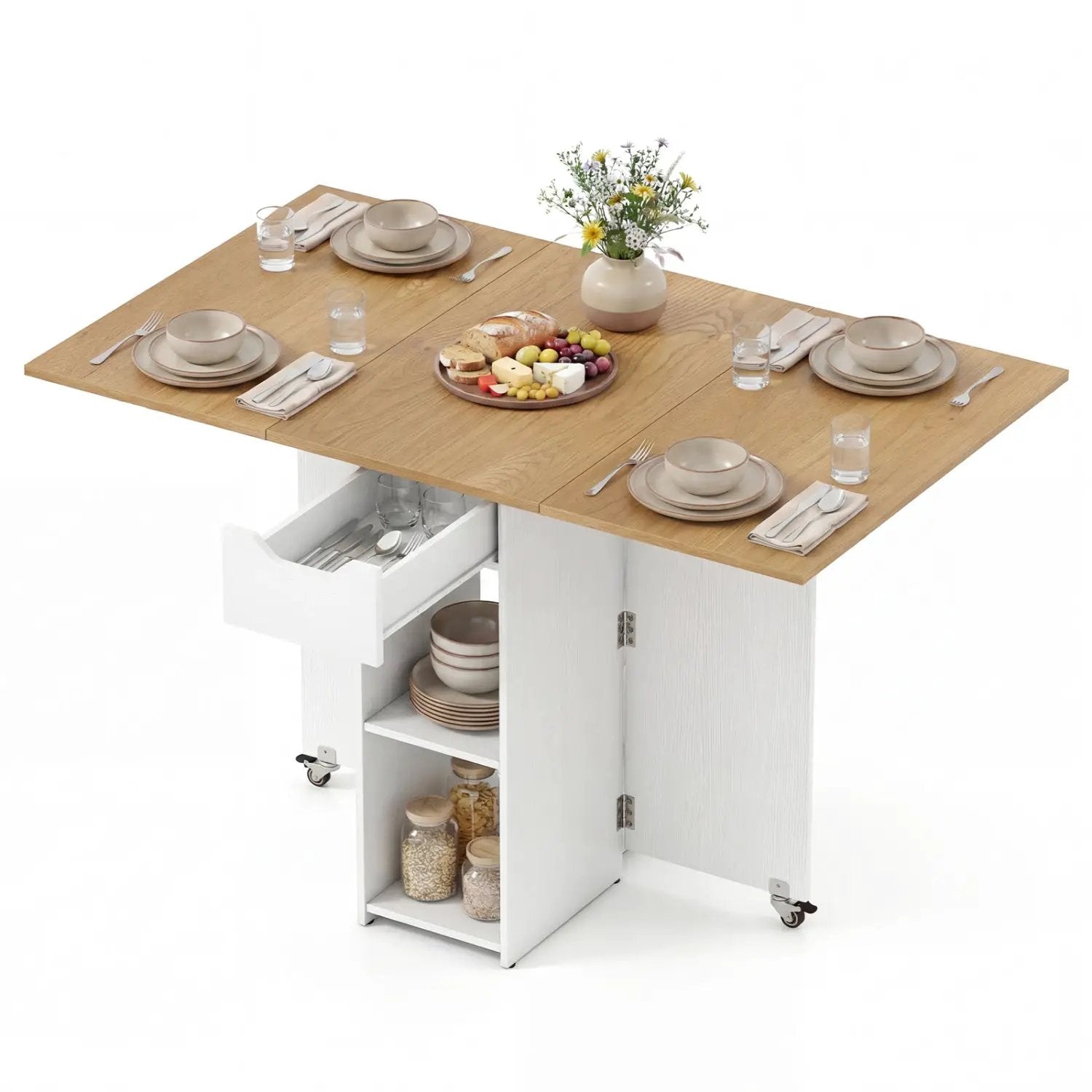 47.5 Inch Farmhouse Extendable Wooden Dinner Table with Lockable Wheels by DirectDeals