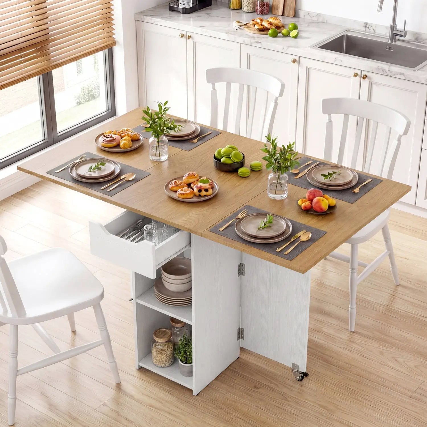 47.5 Inch Farmhouse Extendable Wooden Dinner Table with Lockable Wheels by DirectDeals