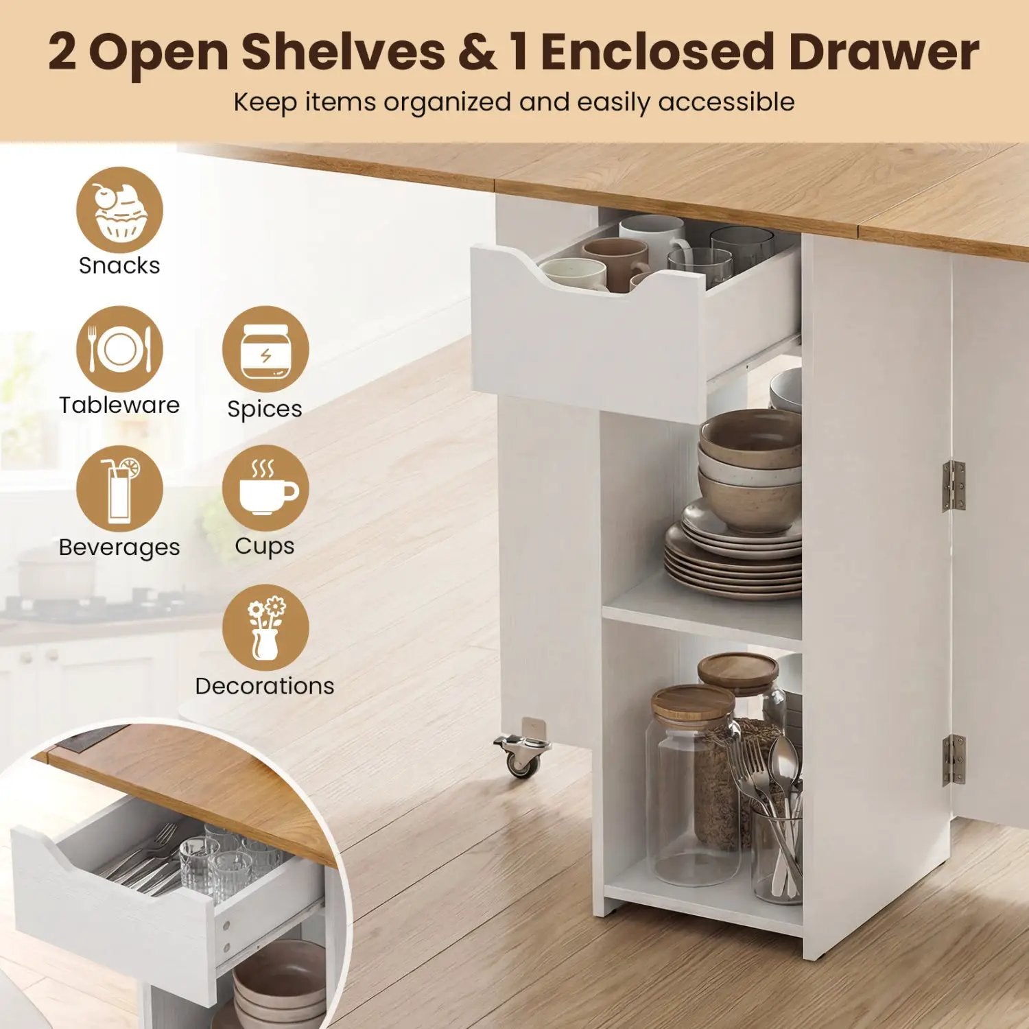 47.5 Inch Farmhouse Extendable Wooden Dinner Table with Lockable Wheels by DirectDeals