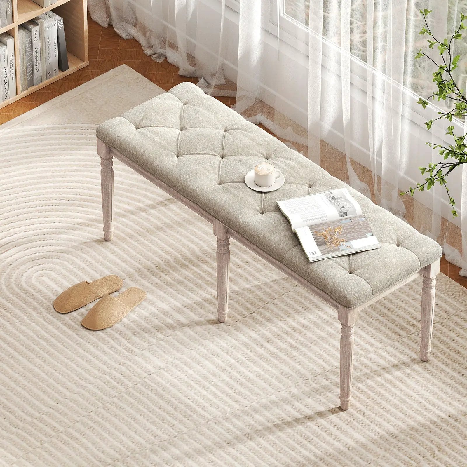 47.5 Inch Upholstered Bench with Carved Rubber Wood Legs and Padded Seat-Beige by DirectDeals