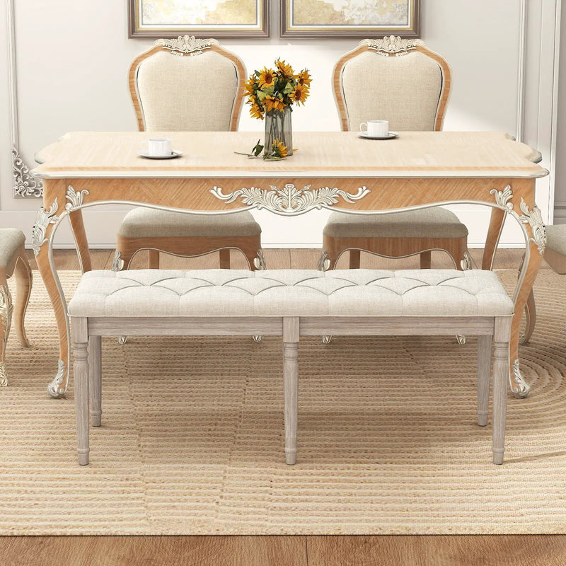 47.5 Inch Upholstered Bench with Carved Rubber Wood Legs and Padded Seat-Beige by DirectDeals