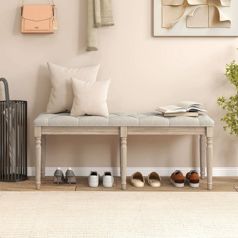 47.5 Inch Upholstered Bench with Carved Rubber Wood Legs and Padded Seat-Beige by DirectDeals