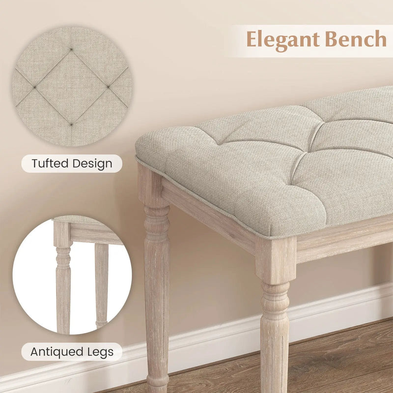 47.5 Inch Upholstered Bench with Carved Rubber Wood Legs and Padded Seat-Beige by DirectDeals