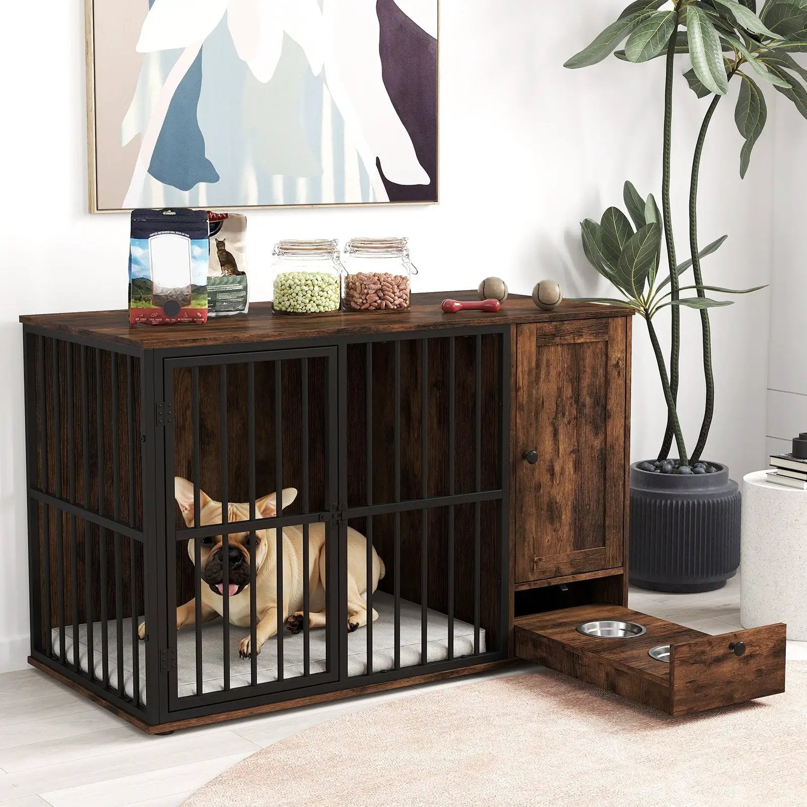 47.5 inch Dog Crate Furniture with Hidden Pull-out Bowls in Drawer for Small and Medium Dogs-Rustic Brown by DirectDeals