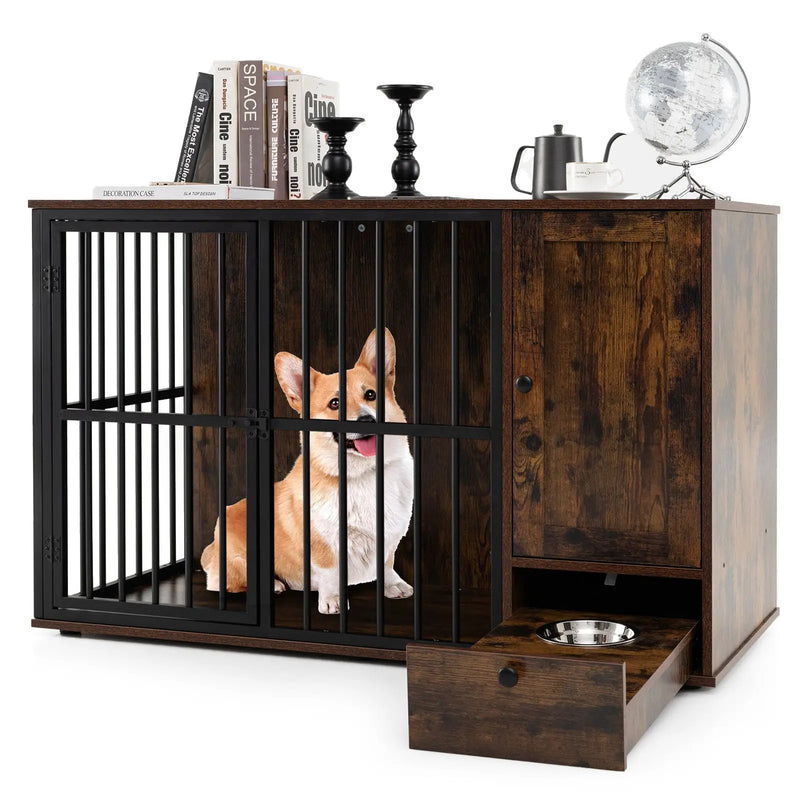 47.5 inch Dog Crate Furniture with Hidden Pull-out Bowls in Drawer for Small and Medium Dogs-Rustic Brown by DirectDeals