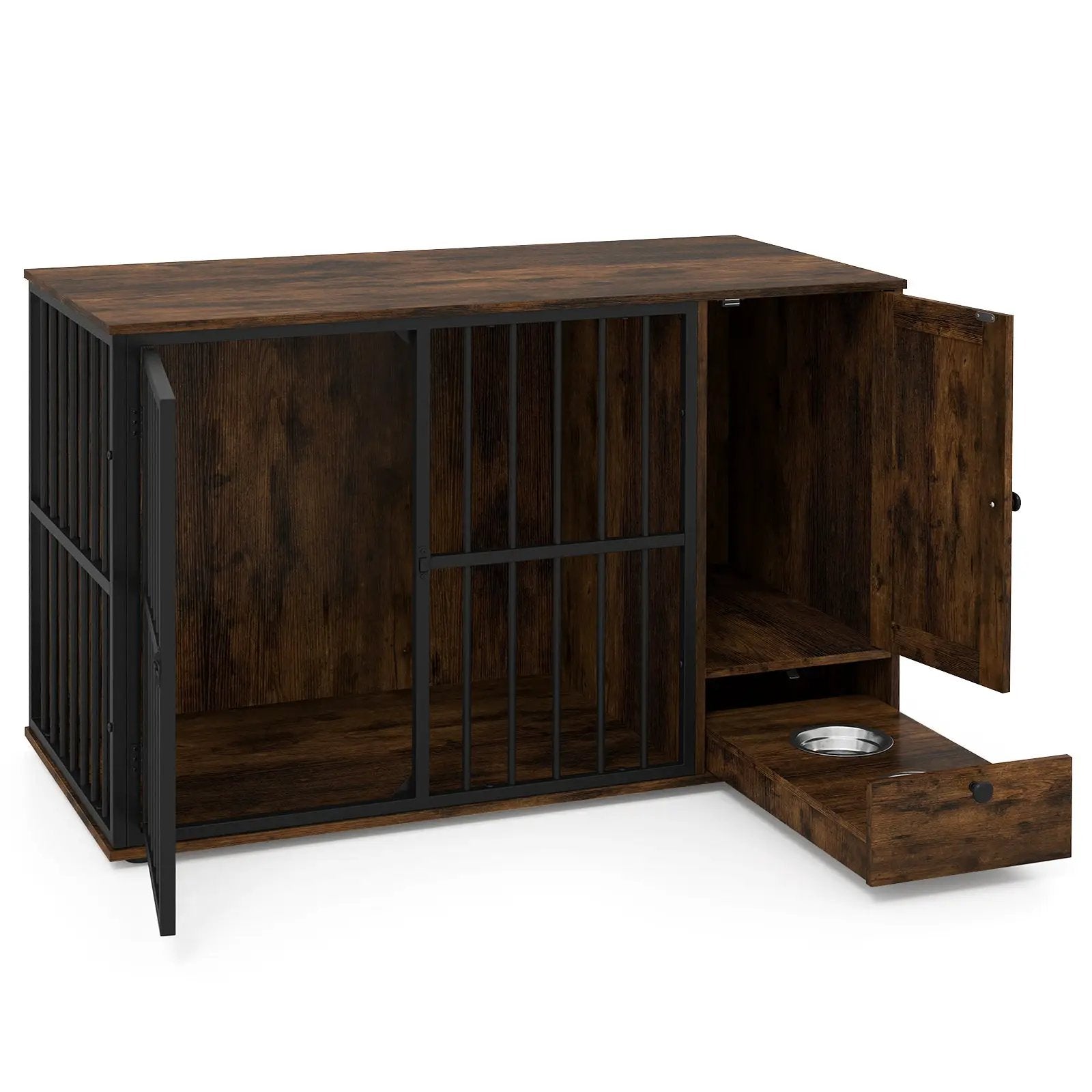 47.5 inch Dog Crate Furniture with Hidden Pull-out Bowls in Drawer for Small and Medium Dogs-Rustic Brown by DirectDeals