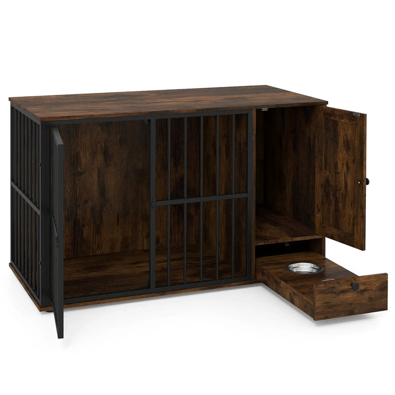 47.5 inch Dog Crate Furniture with Hidden Pull-out Bowls in Drawer for Small and Medium Dogs-Rustic Brown by DirectDeals
