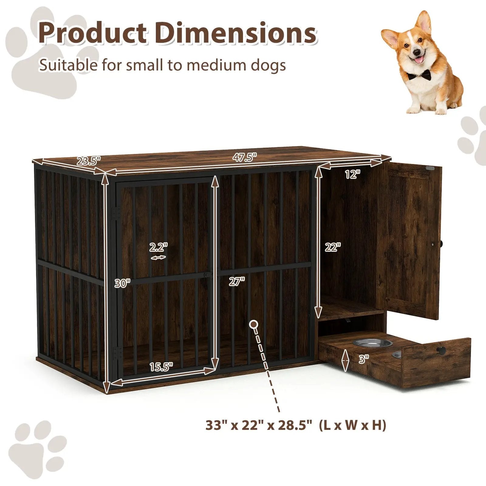 47.5 inch Dog Crate Furniture with Hidden Pull-out Bowls in Drawer for Small and Medium Dogs-Rustic Brown by DirectDeals