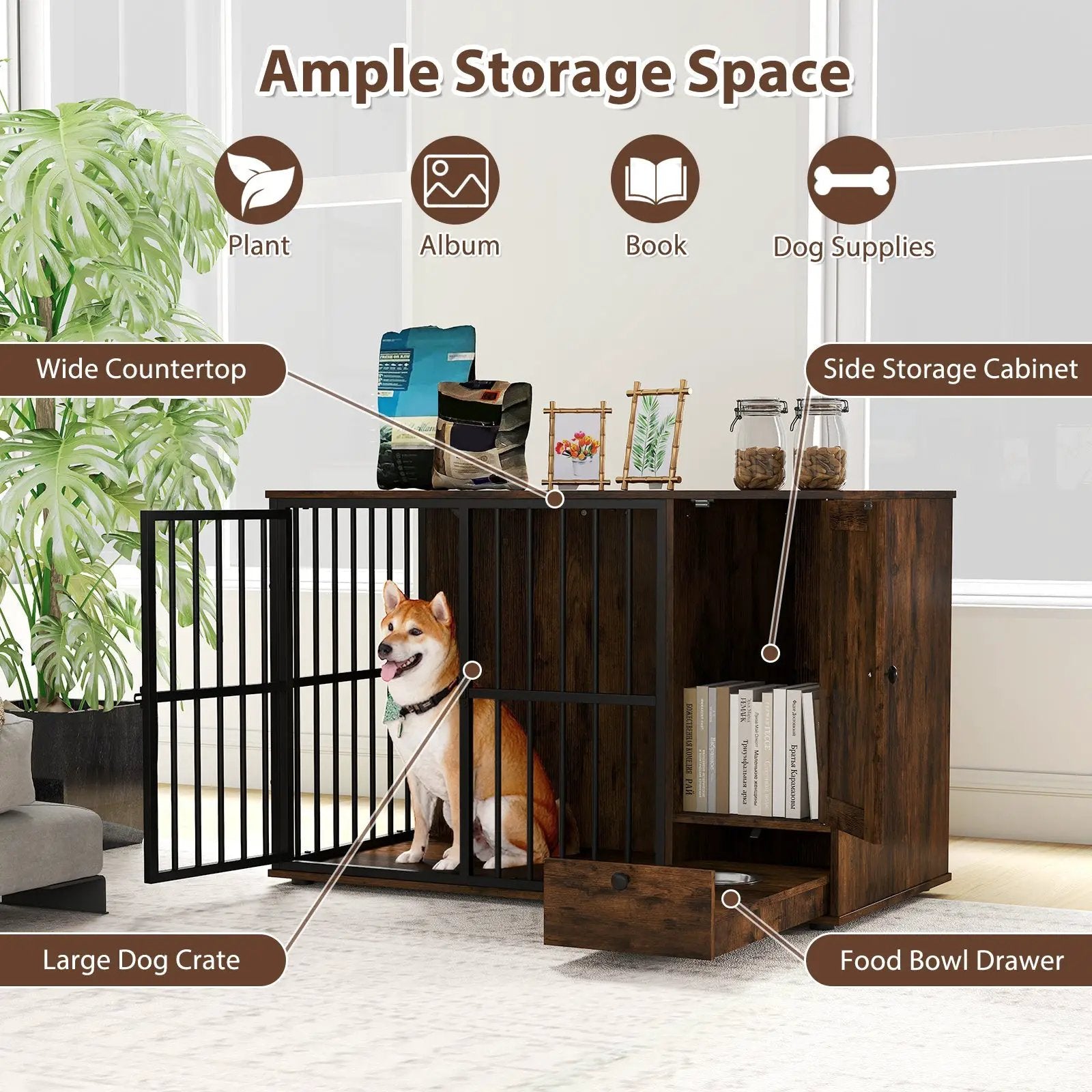 47.5 inch Dog Crate Furniture with Hidden Pull-out Bowls in Drawer for Small and Medium Dogs-Rustic Brown by DirectDeals