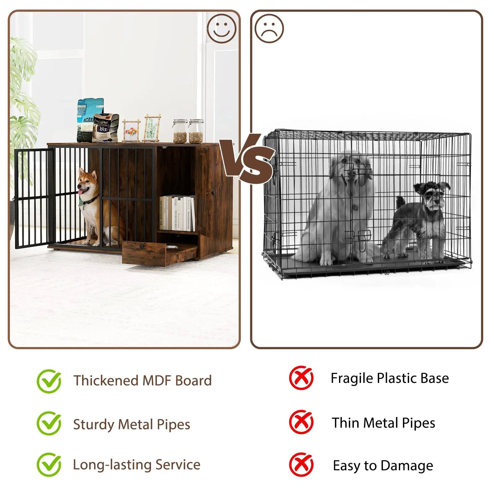 47.5 inch Dog Crate Furniture with Hidden Pull-out Bowls in Drawer for Small and Medium Dogs-Rustic Brown by DirectDeals