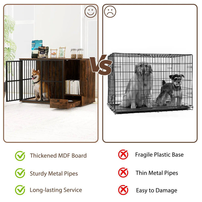 47.5 inch Dog Crate Furniture with Hidden Pull-out Bowls in Drawer for Small and Medium Dogs-Rustic Brown by DirectDeals