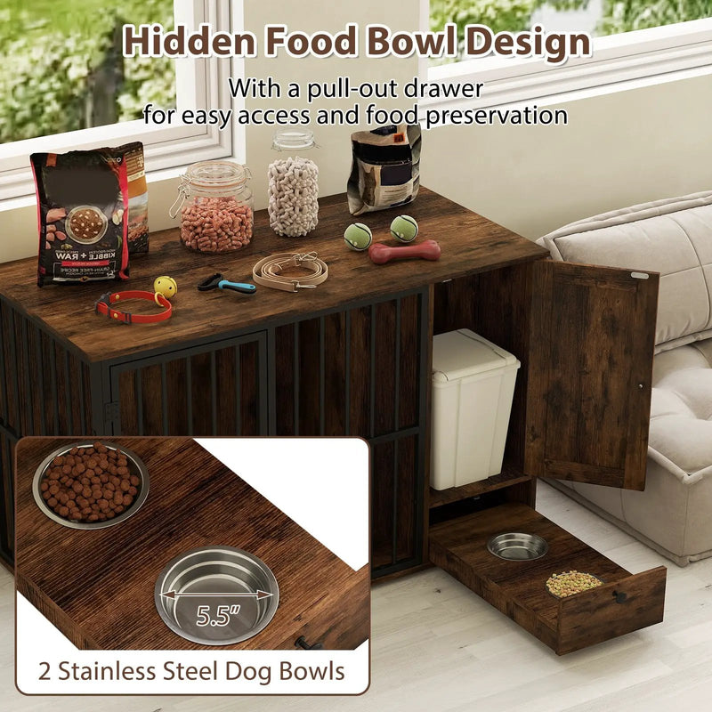 47.5 inch Dog Crate Furniture with Hidden Pull-out Bowls in Drawer for Small and Medium Dogs-Rustic Brown by DirectDeals